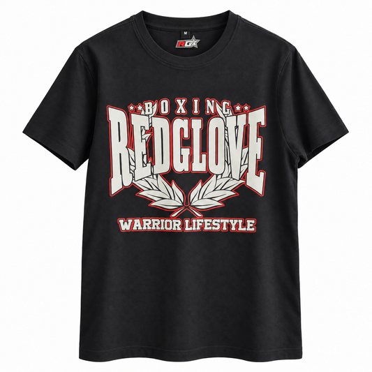 Camiseta negra RG Warrior Lifestyle de corte normal, vista frontal sobre fondo blanco basada en la prenda real