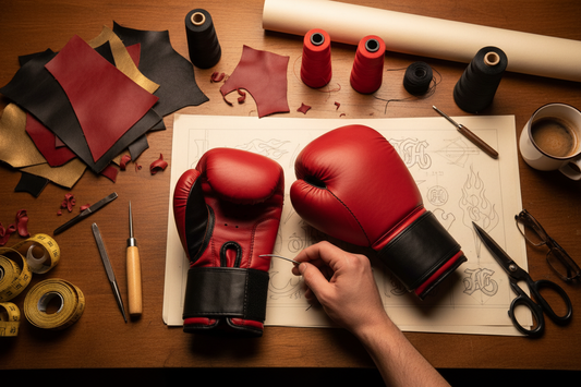 Guantes de boxeo rojos y negros sobre una mesa con bocetos, materiales y herramientas de diseño