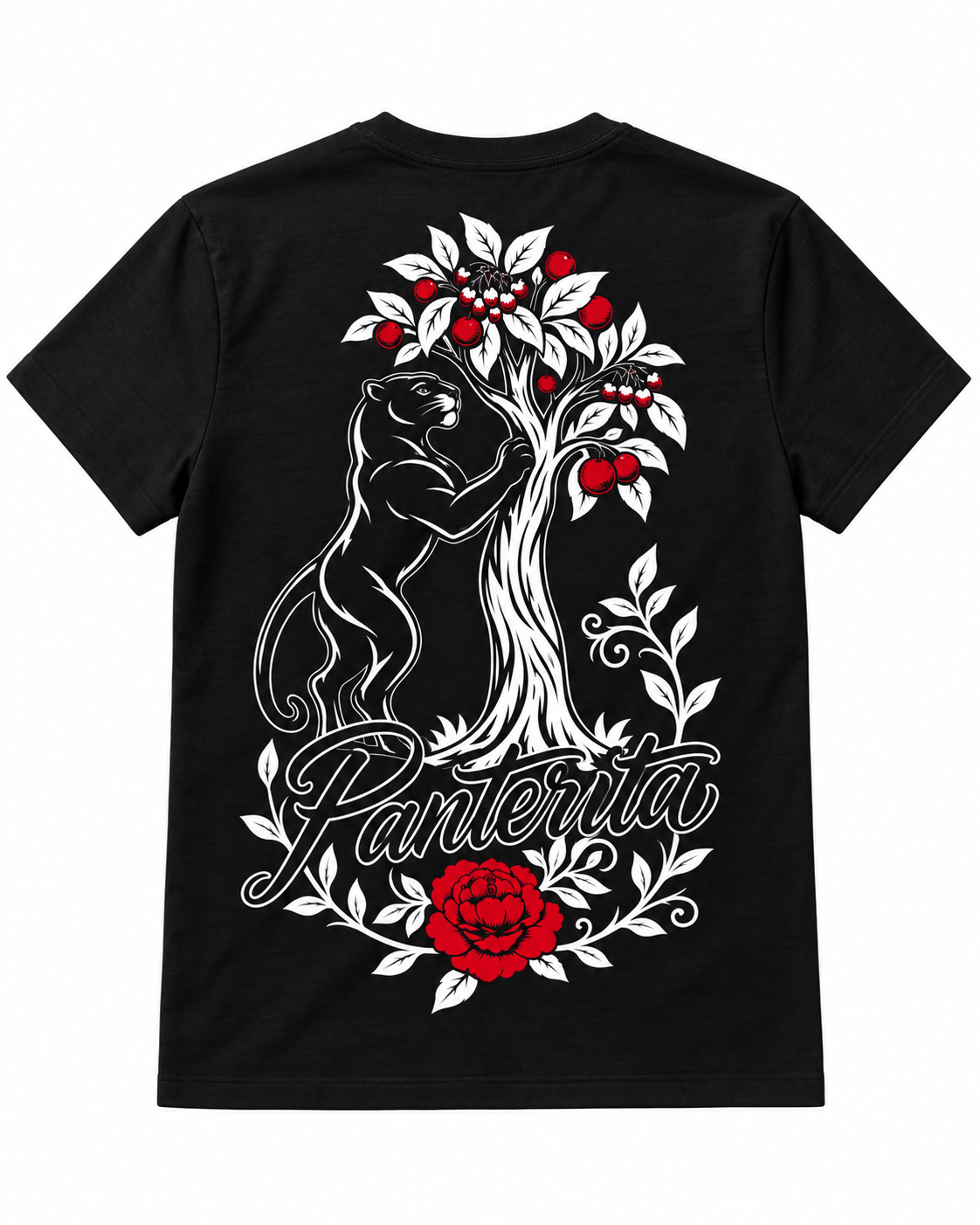 Camiseta negra Alba La Panterita de Redglove, espalda con pantera, árbol y detalles rojos sobre fondo blanco.