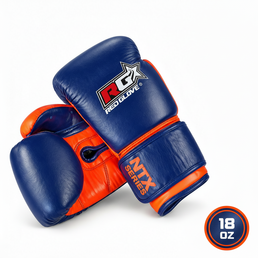 Guantes de boxeo NTX SERIES azul y naranja con distintivo especial de 18 OZ