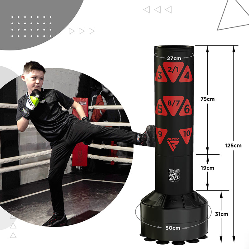RDX Kt Ronin 4ft 2-In-1 Kids Free Standing Punch Bag Black With Gloves For Training & Workout Set#color_red