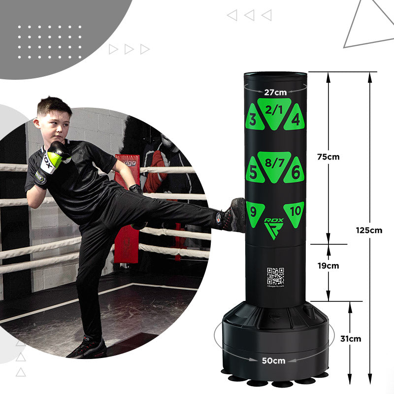 RDX Kt Ronin 4ft 2-In-1 Kids Free Standing Punch Bag Black With Gloves For Training & Workout Set#color_green