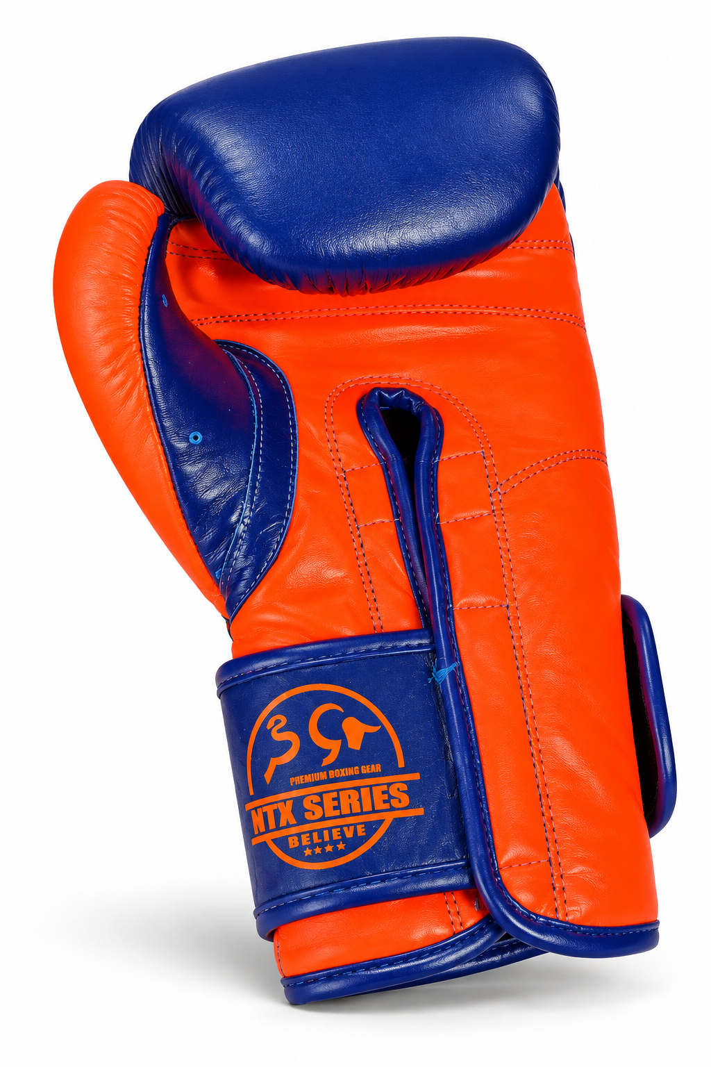 Guante de Boxeo NTX Series azul y naranja - vista tres cuartos