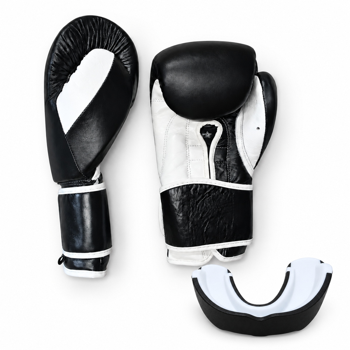 Pack Mercurial: Guantes + Bucal BK Premium Negro/Blanco — guantes y bucal incluidos, composición con las fotos originales