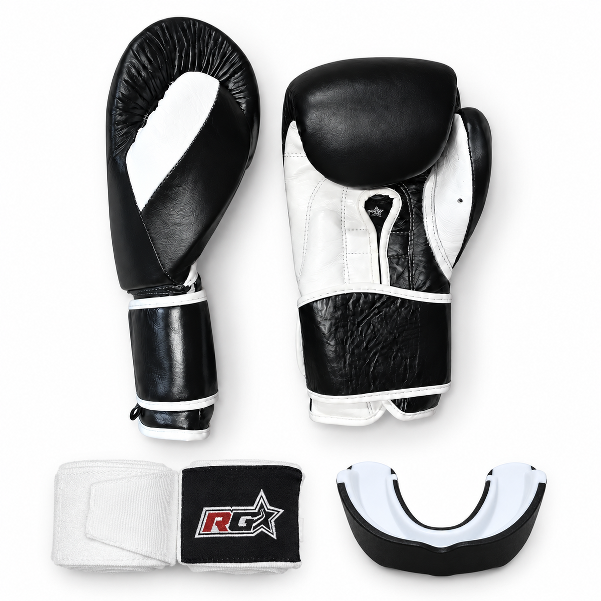Pack Mercurial: Guantes + Vendas + Bucal BK Premium Negro/Blanco — guantes, un par de vendas y bucal incluidos