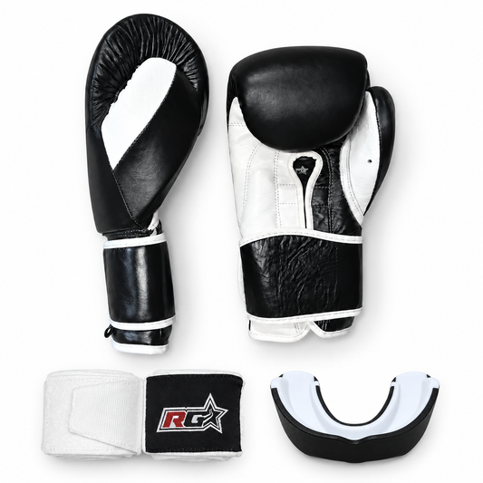 Pack Mercurial: Guantes + Vendas + Bucal BK Premium Negro/Blanco — guantes, un par de vendas y bucal incluidos