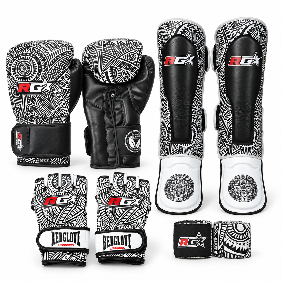Pack MMA Maorí con guantillas, guantes de boxeo, tibiales y vendas Redglove