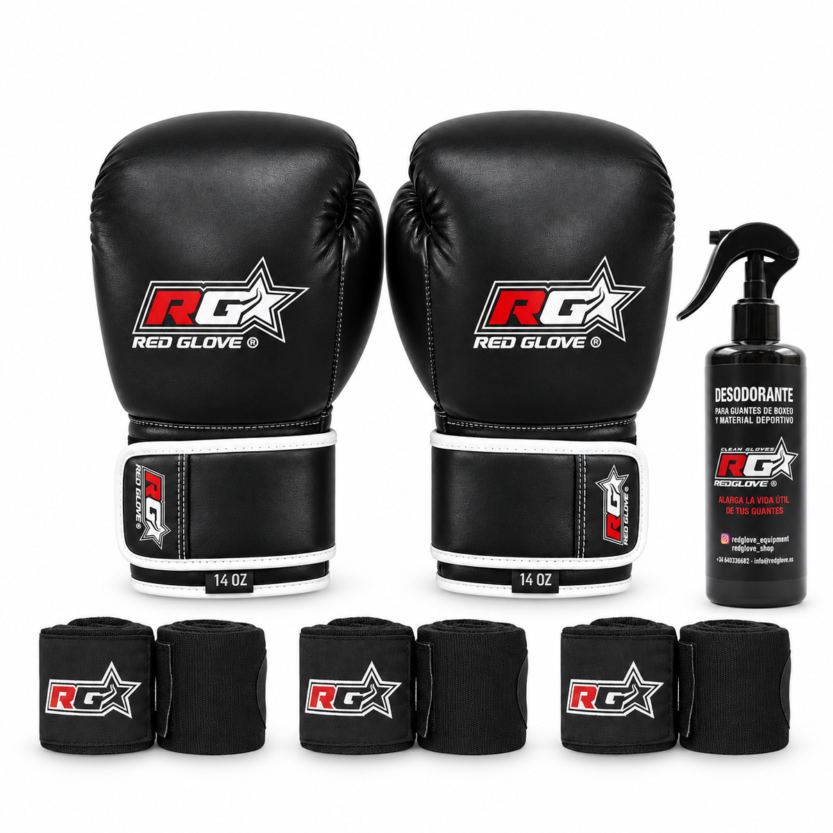 Pack Nero 5 Piezas con guantes, tres pares de vendas negras y desodorante Redglove
