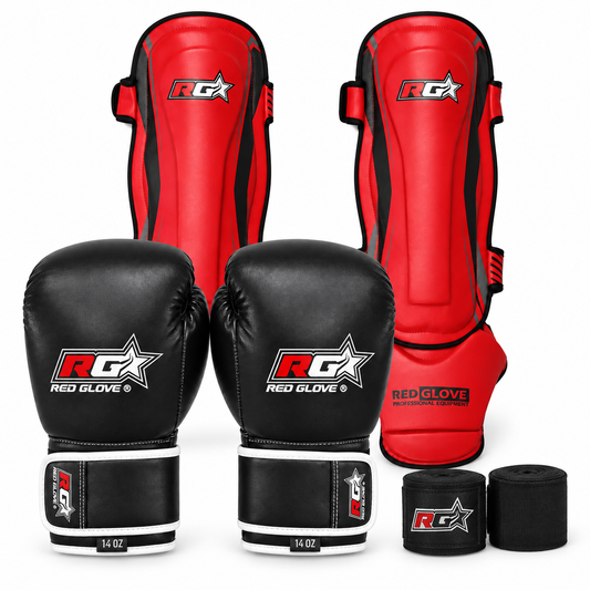 Pack Nero con guantes, tibiales Takeshi rojos y vendas negras gratis
