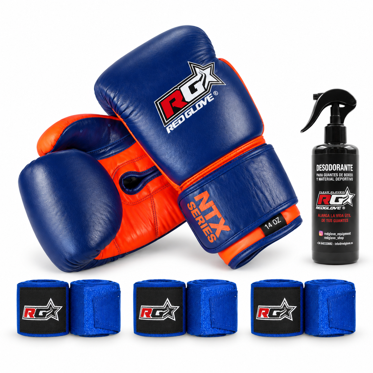 Pack NTX Blue Orange 5 Piezas con guantes, tres pares de vendas azules y desodorante Redglove