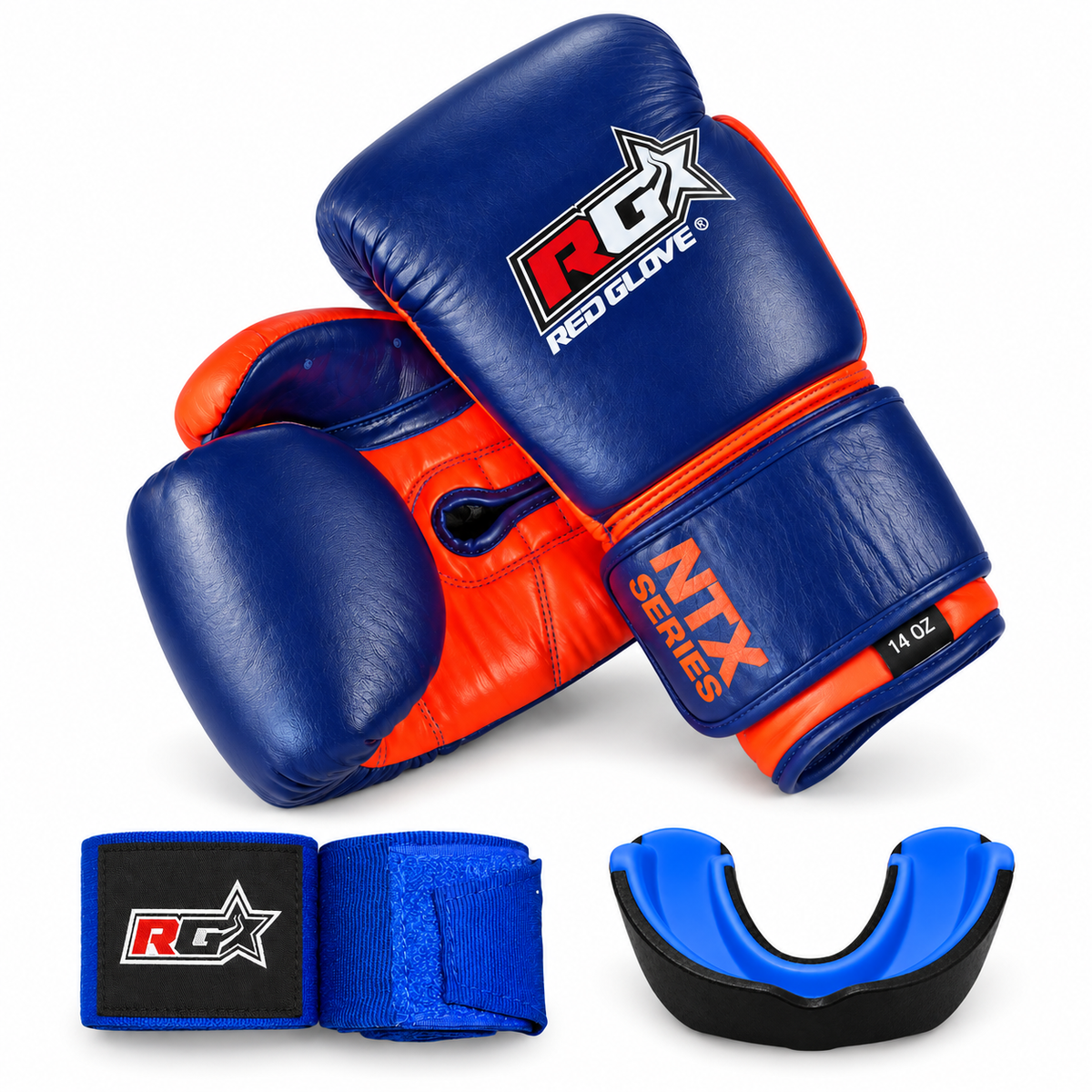 Pack NTX Blue Orange: Guantes + Vendas + Bucal BK Premium Negro/Azul — guantes, un par de vendas y bucal incluidos