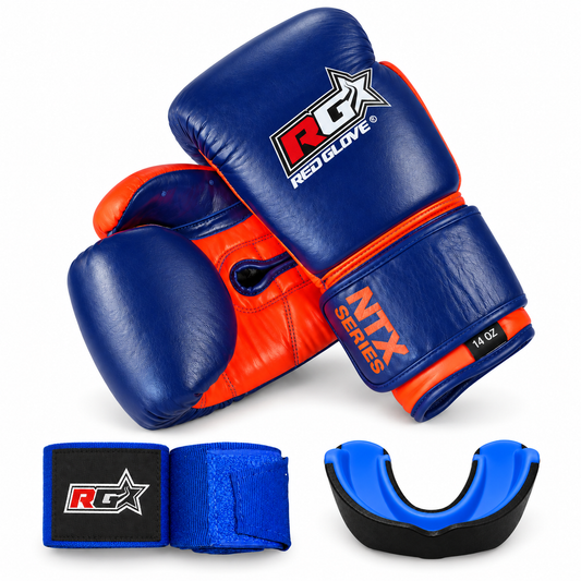 Pack NTX Blue Orange: Guantes + Vendas + Bucal BK Premium Negro/Azul — guantes, un par de vendas y bucal incluidos