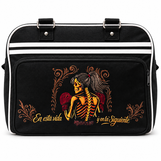 Bolsa de entrenamiento de boxeo Redglove negra con diseño En esta vida y en la siguiente, vista frontal