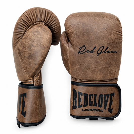 Guantes de boxeo vintage RG Jack Broughton: vista frontal y lateral sobre fondo blanco