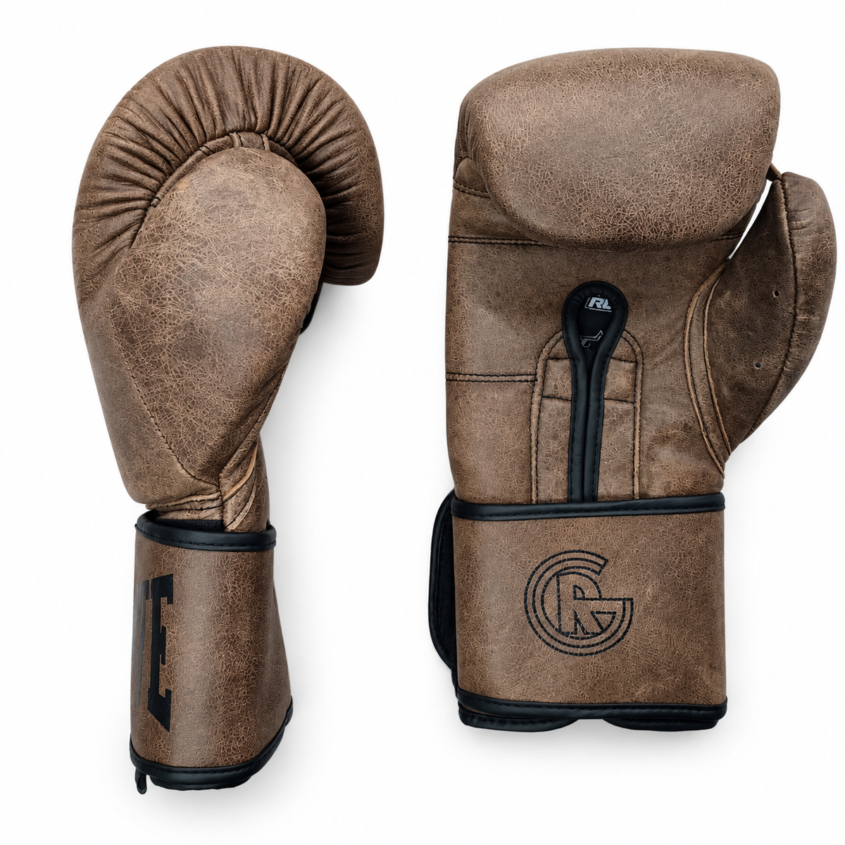 Guantes de boxeo vintage RG Jack Broughton: vista de la palma y lateral sobre fondo blanco