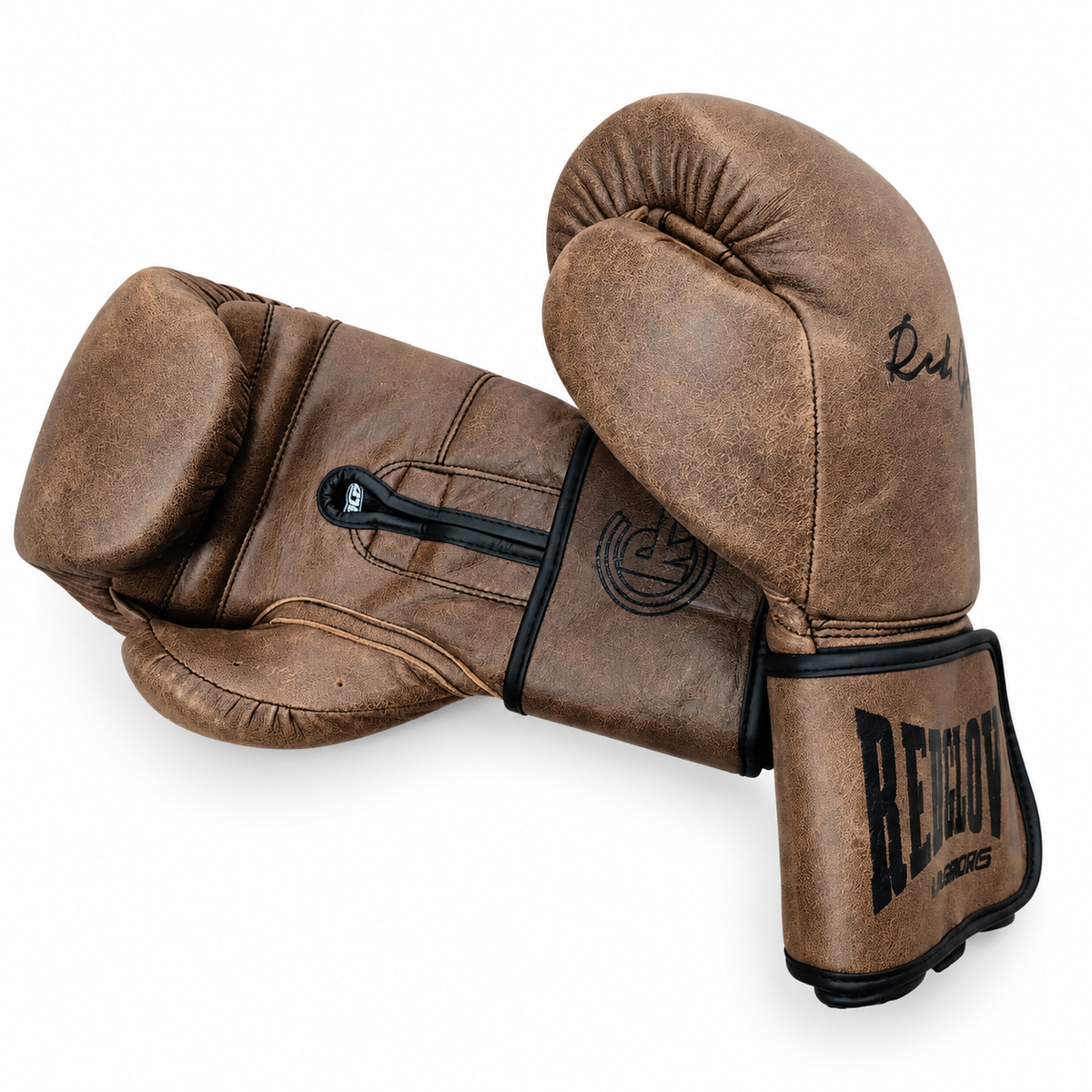 Guantes de boxeo vintage RG Jack Broughton: vista de los guantes cruzados sobre fondo blanco