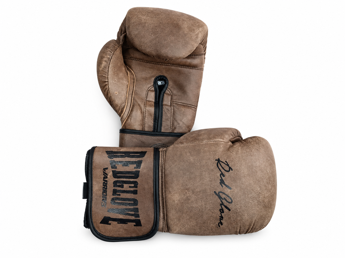 Guantes de boxeo vintage RG Jack Broughton: vista frontal y palma superpuestas sobre fondo blanco