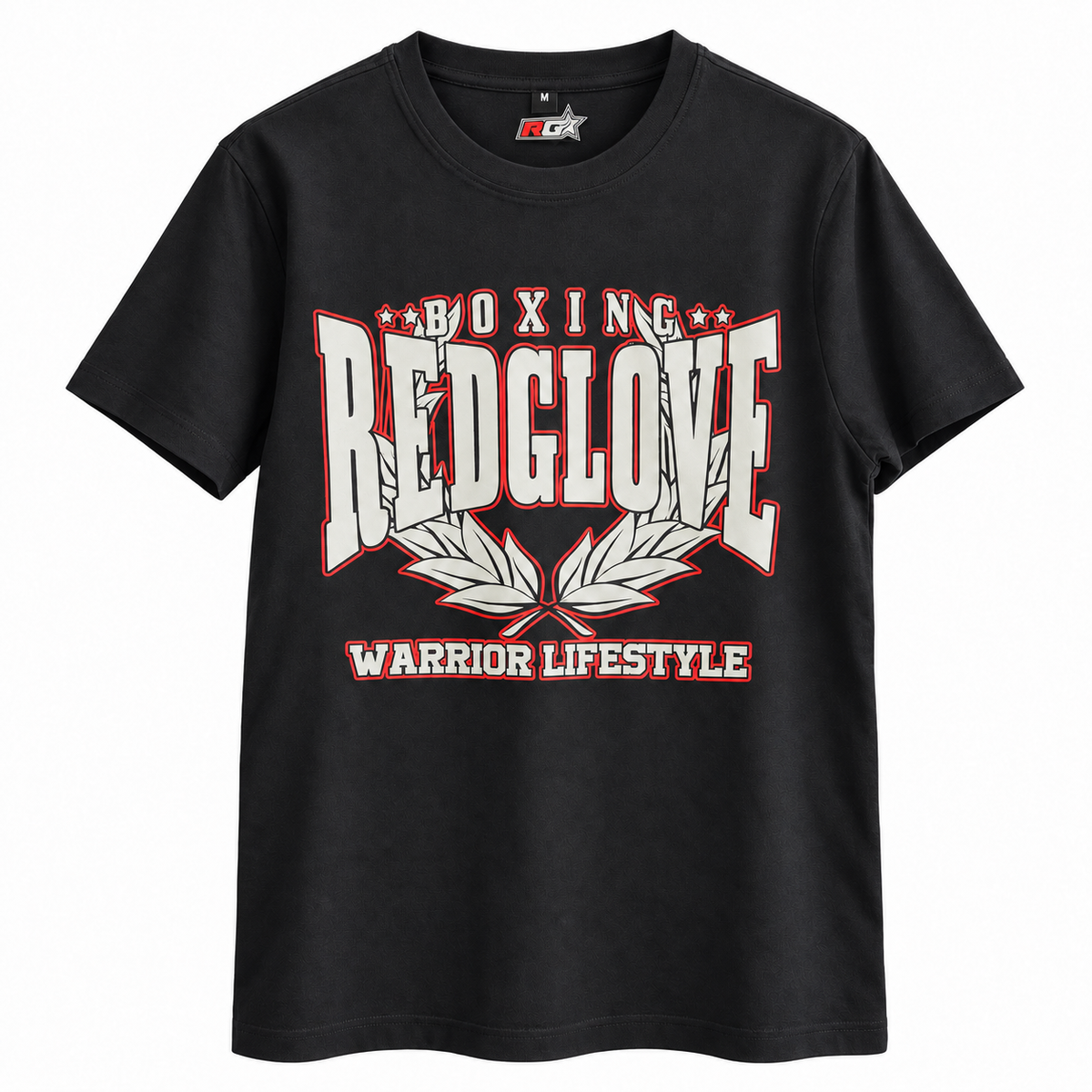 Camiseta negra RG Warrior Lifestyle de corte normal, vista frontal sobre fondo blanco basada en la prenda real